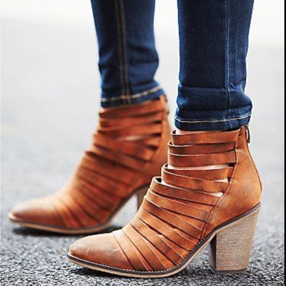 *EUC* Free People / Hybrid Strappy Stacked Heel Leather Ankle Boot / Bro… - Picture 1 of 14